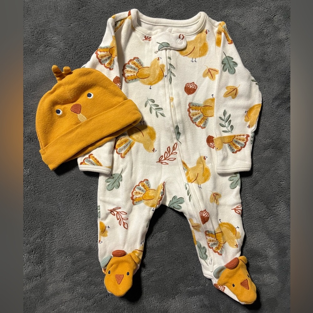 Thanksgiving turkey footed pajamas with matching hat